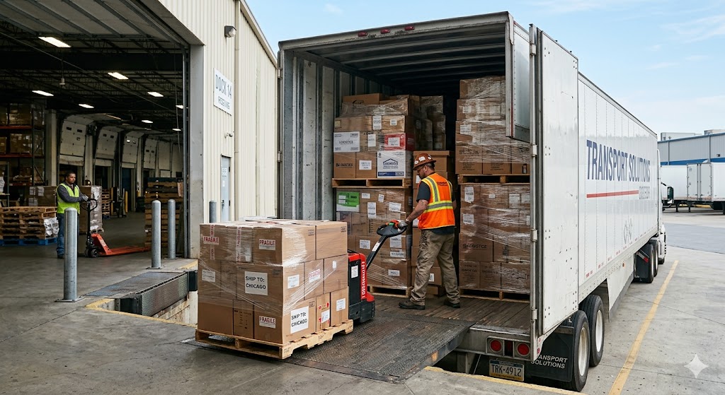 Truck loading palletized freight at dock
