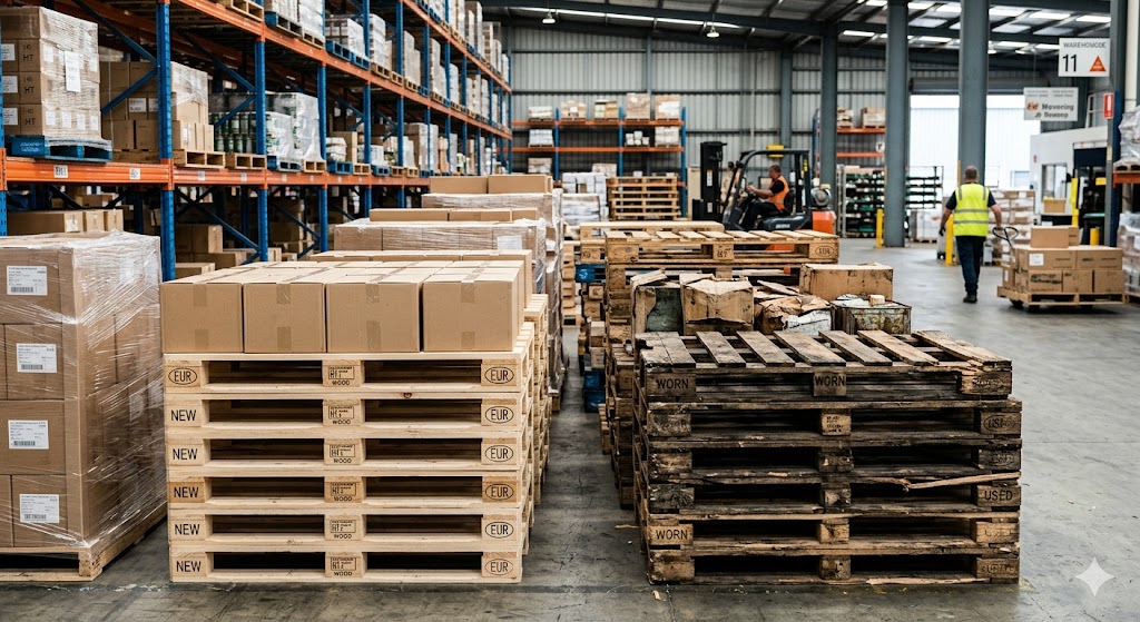 Warehouse interior with sorted pallet inventory